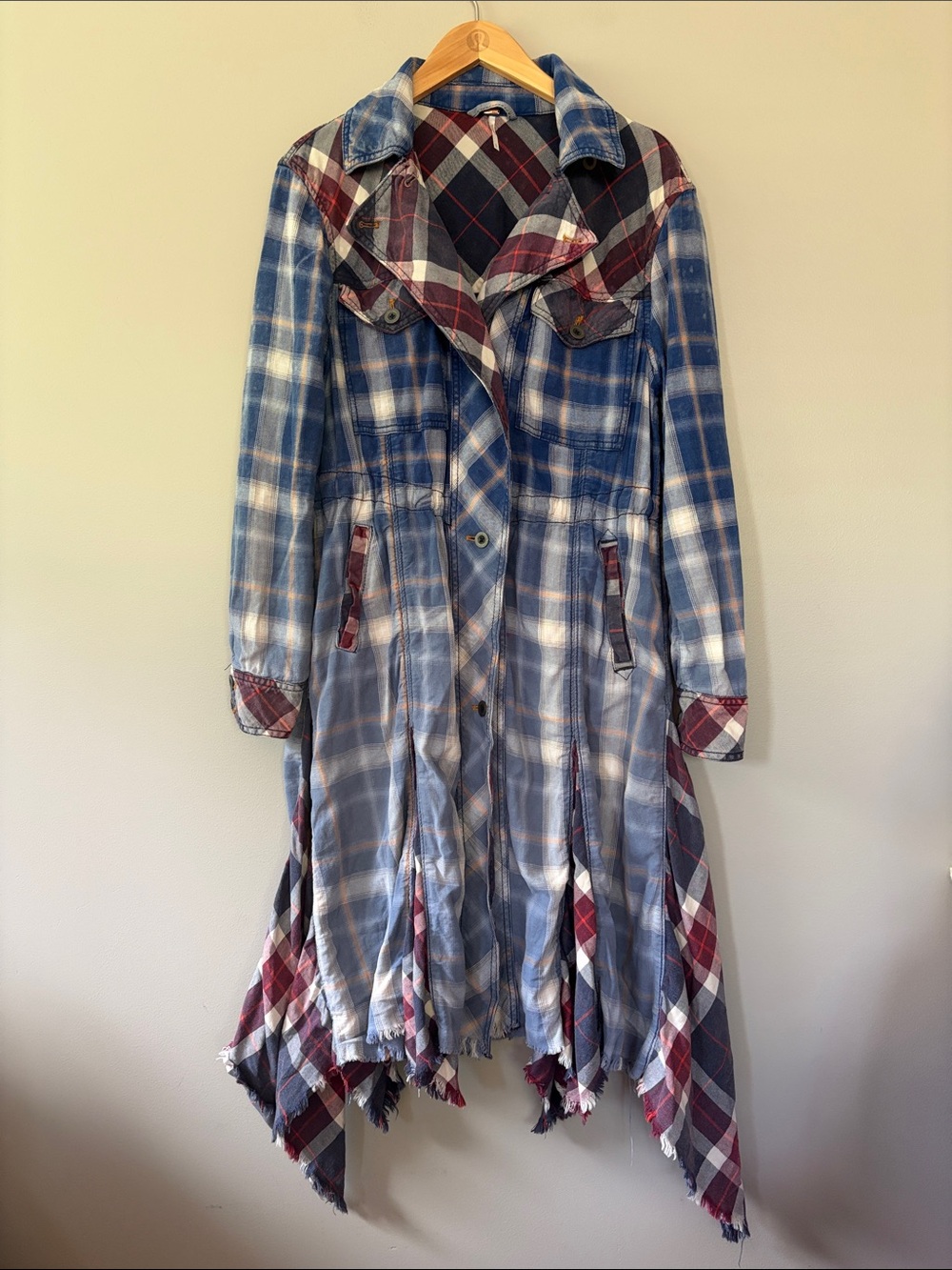 Free People Plaid Boho Coat Jacket Duster‎ Dress Small Distressed 90s Grunge